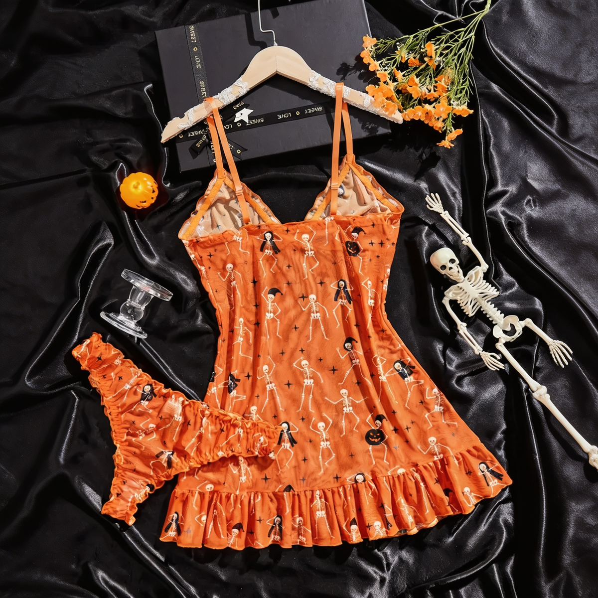 Women's Halloween Skull Pumpkin Nightdress, Deep V Neck