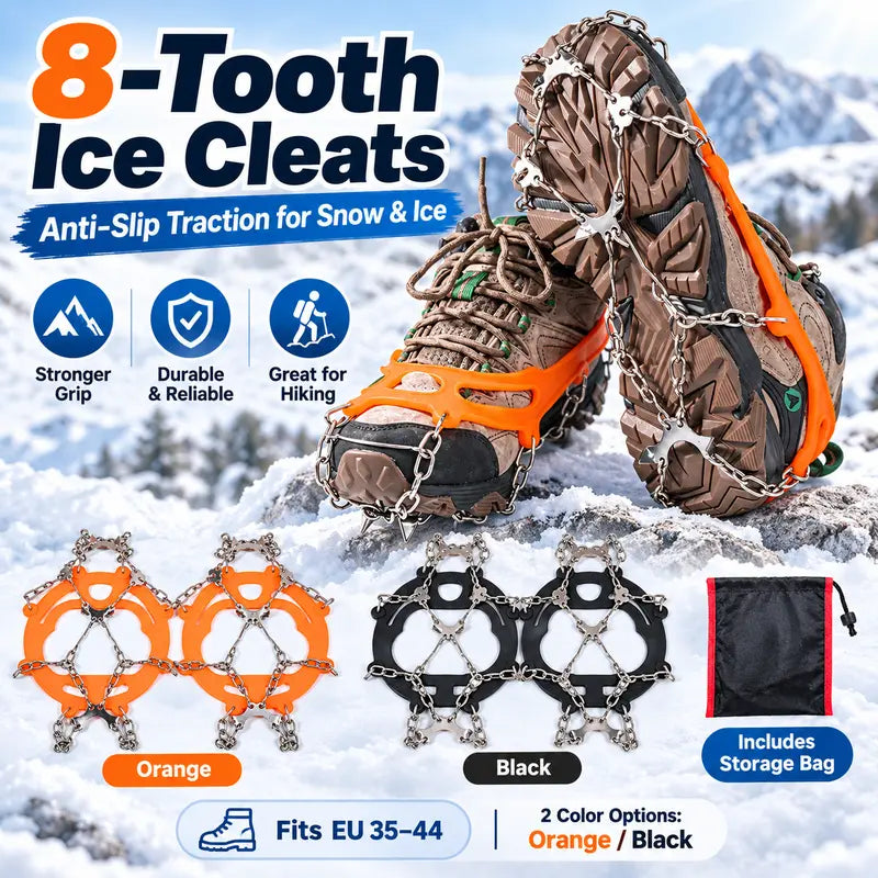 8-Tooth Ice Cleats for Hiking Boots, Winter Traction Crampons with Stainless Steel Chains