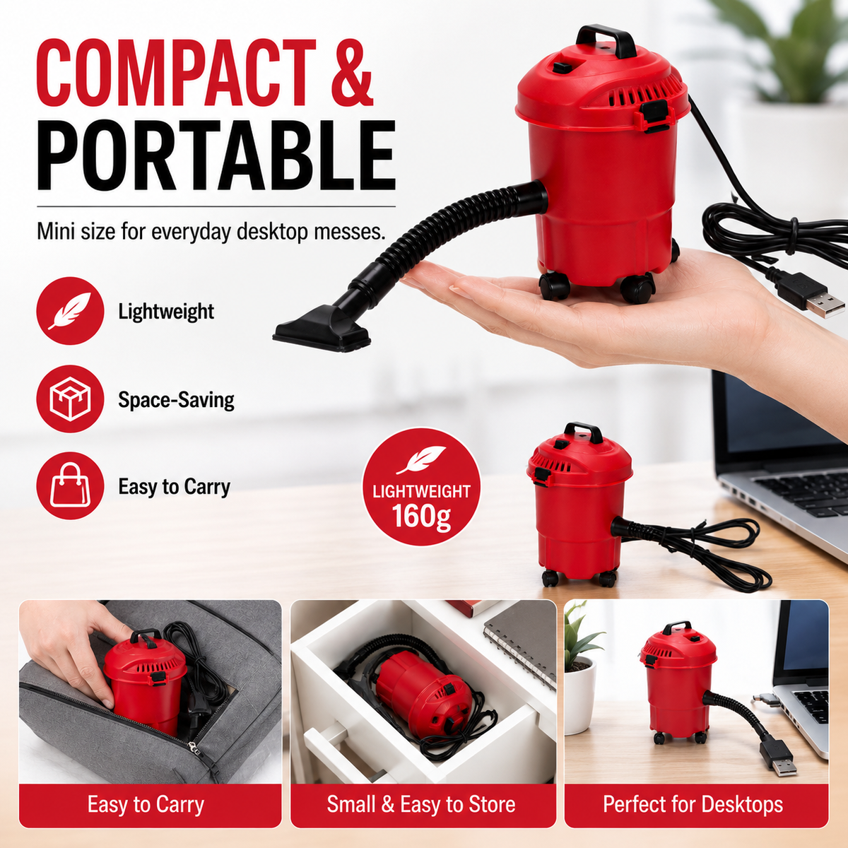 USB Mini Desktop Vacuum Cleaner – Trash Can-Shaped with Universal Wheels