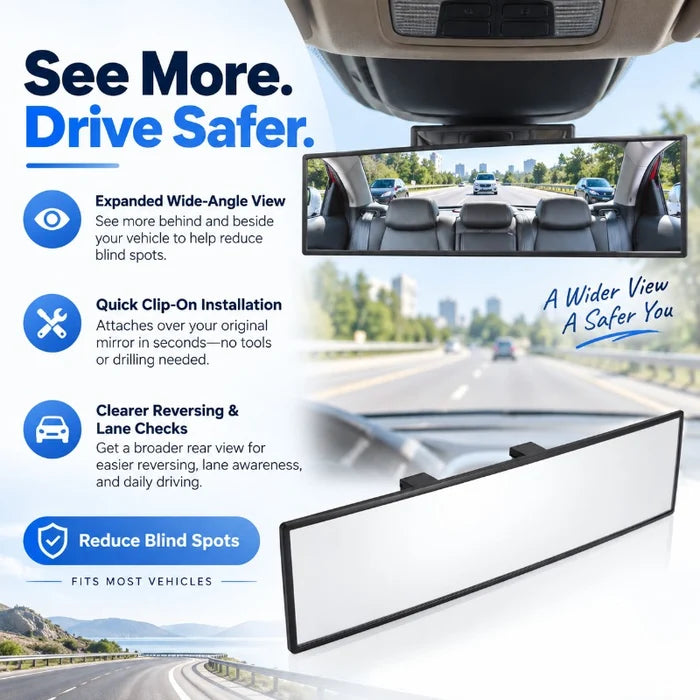 🚗 Wide Angle Rear View Mirror – 12" Anti-Glare Panoramic Clip-On Car Mirror