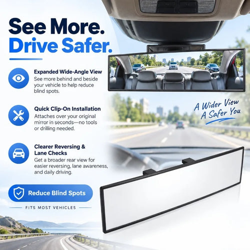 🚗 Wide Angle Rear View Mirror – 12" Anti-Glare Panoramic Clip-On Car Mirror