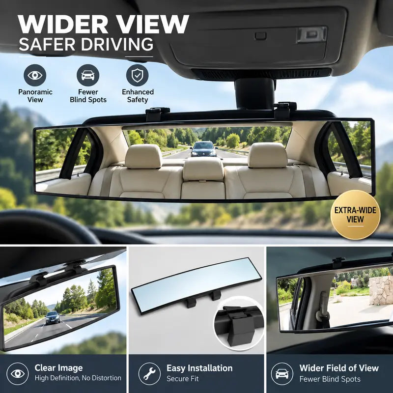 🚗 Wide Angle Rear View Mirror – 12" Anti-Glare Panoramic Clip-On Car Mirror