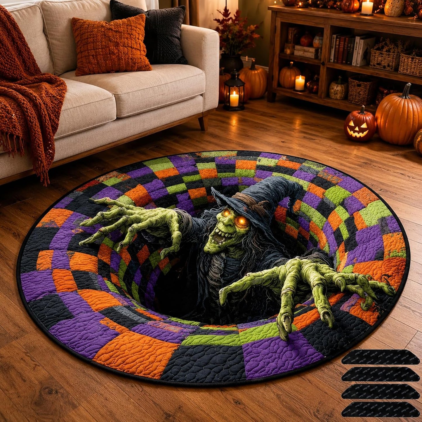 Halloween Round Rug 3D Skeleton Vortex Quilted Illusion Mat