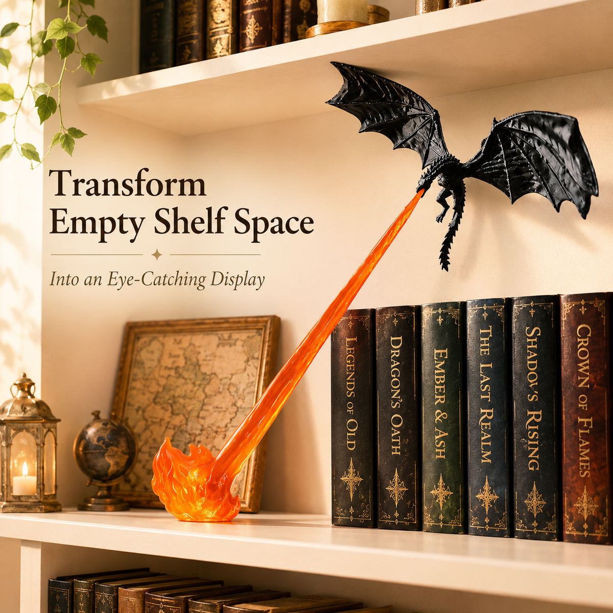 🐉 3D Dragon Flame Bookshelf Nook Light 📚