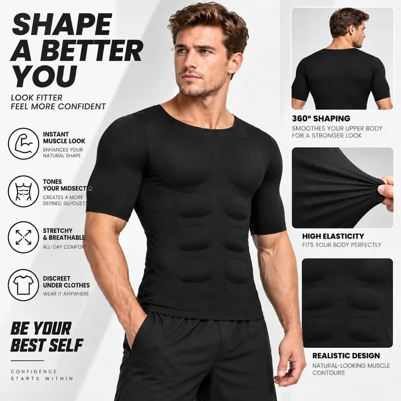 Men's Abs T-Shirt Seamless Muscle Enhancing Top with Removable Pads