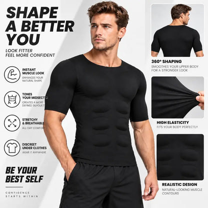 Men's Abs T-Shirt Seamless Muscle Enhancing Top with Removable Pads