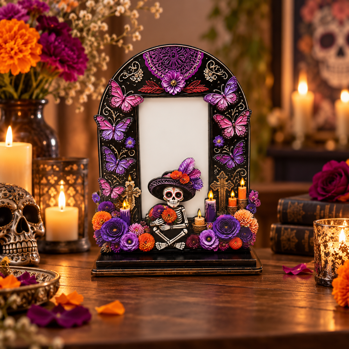 Day of the Dead Handcrafted Memorial Photo Frame Set—6 Colorful Wooden Offering Photo Frames