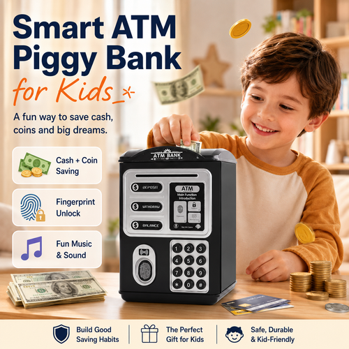 Piggy Bank for Kids, Mini ATM Coin Money Bank with Password and Fingerprint Simulation