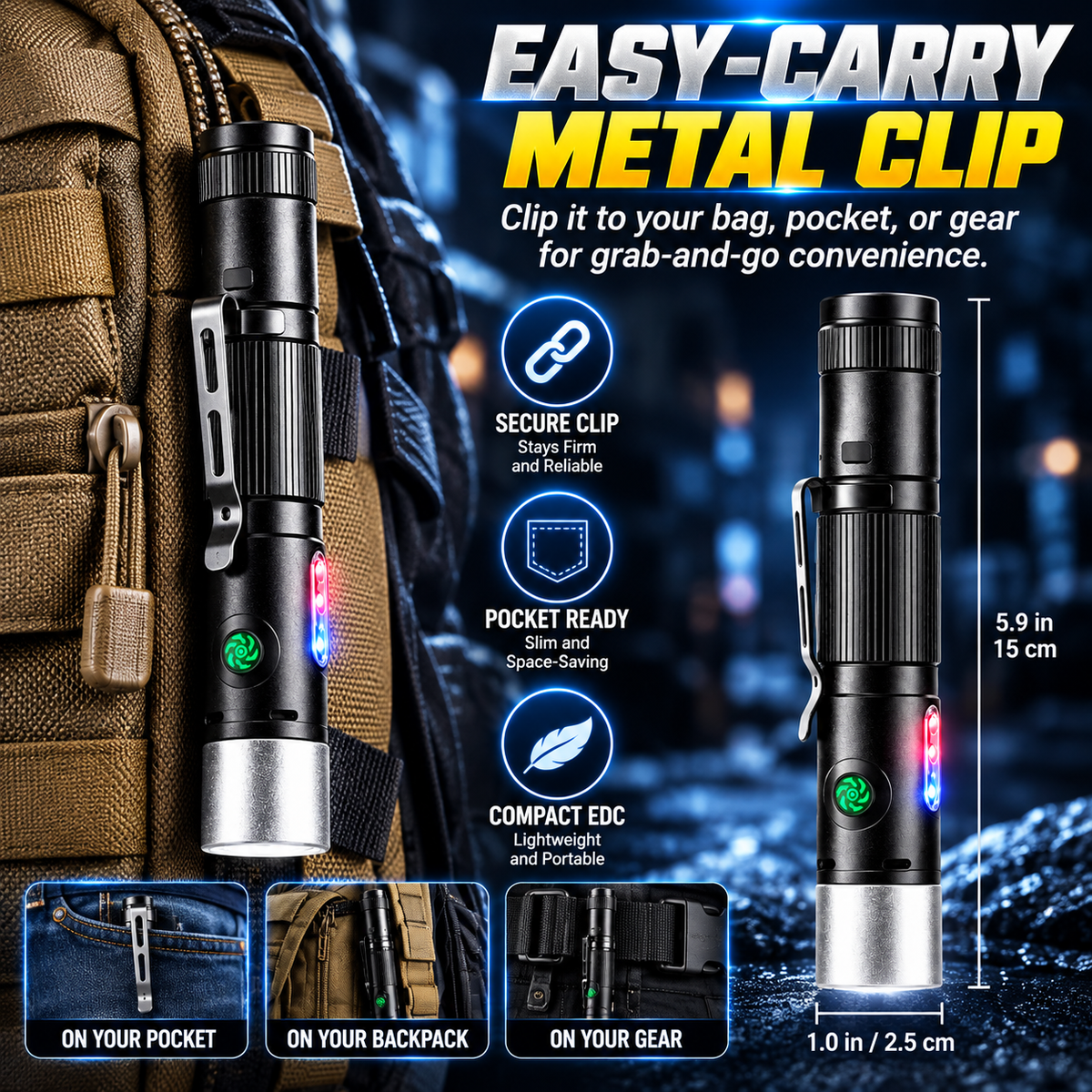 Multi‑Functional Portable Self Defense Flashlight – Rechargeable Electric Deterrent Device with High-Intensity LED & Built-In Alarm