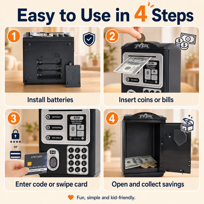 Piggy Bank for Kids, Mini ATM Coin Money Bank with Password and Fingerprint Simulation