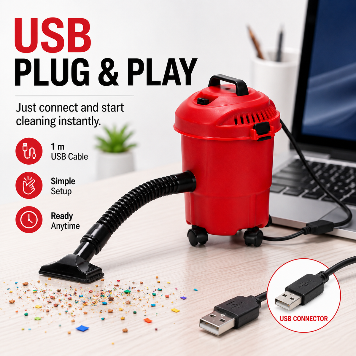 USB Mini Desktop Vacuum Cleaner – Trash Can-Shaped with Universal Wheels