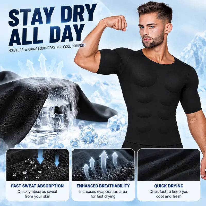 Men's Abs T-Shirt Seamless Muscle Enhancing Top with Removable Pads