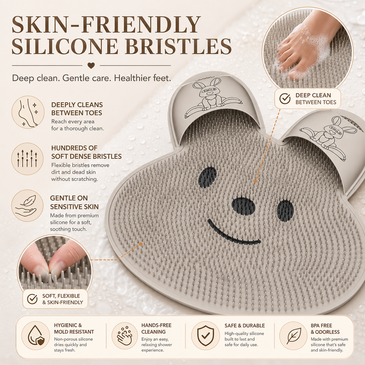 Rabbit Silicone Foot Scrubber Non-Slip Pad for Bath