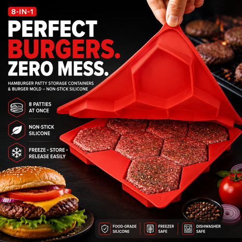 8-in-1 Hamburger Patty Storage Containers & Burger Mold - Non-Stick Silicone