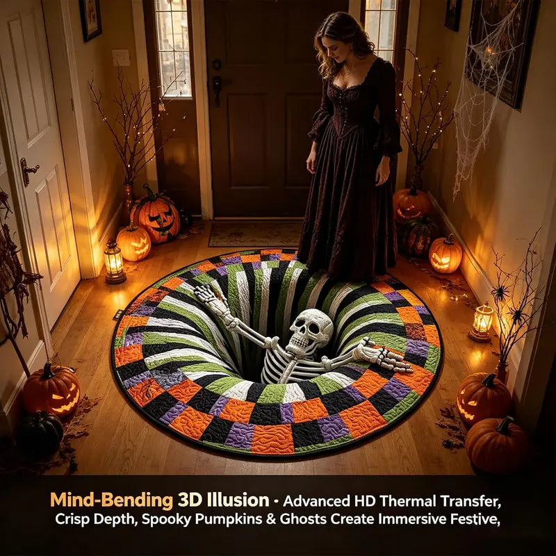 Halloween Round Rug 3D Skeleton Vortex Quilted Illusion Mat