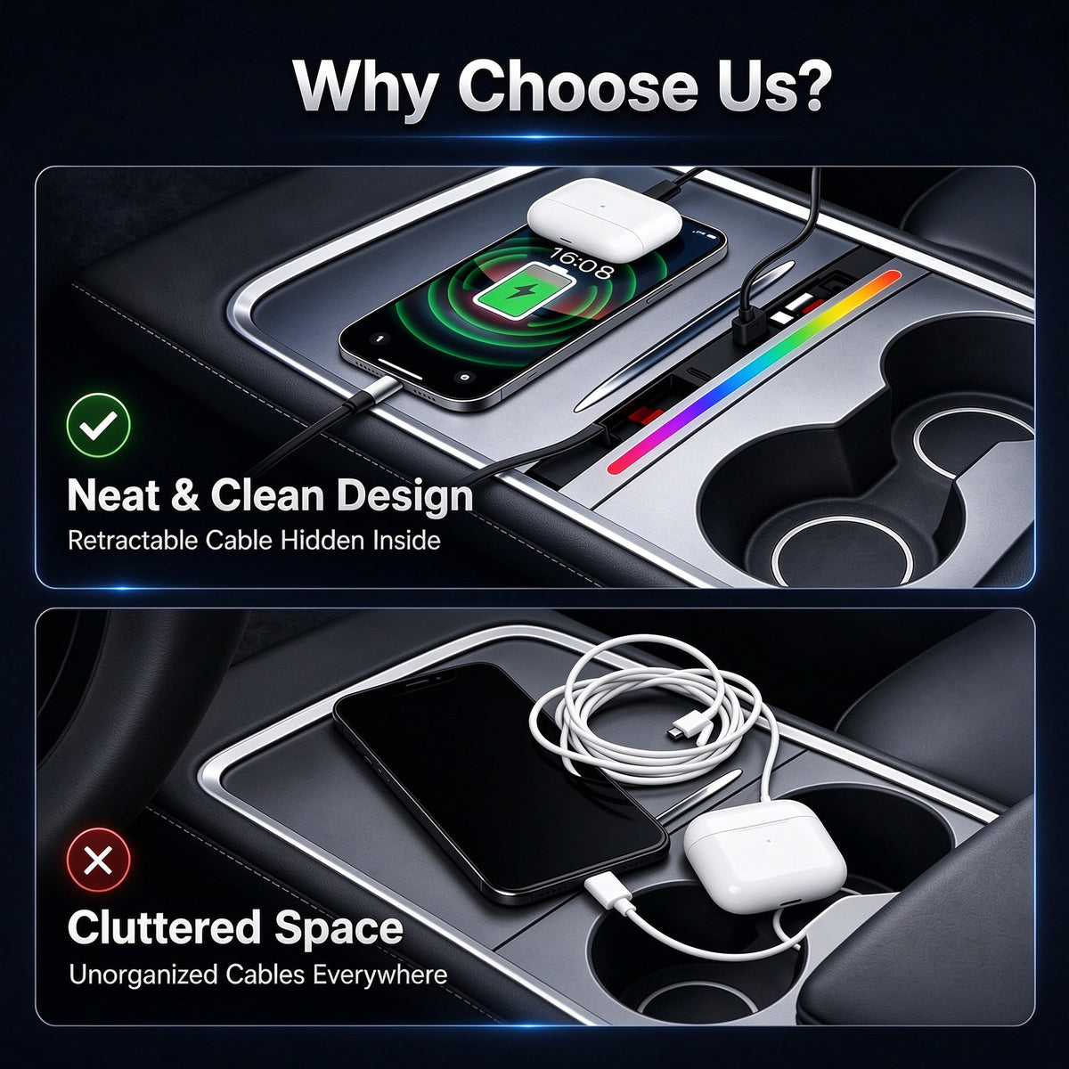 4-Port Center Console Charger with Retractable Type C&Lightning Cables and RGB Light