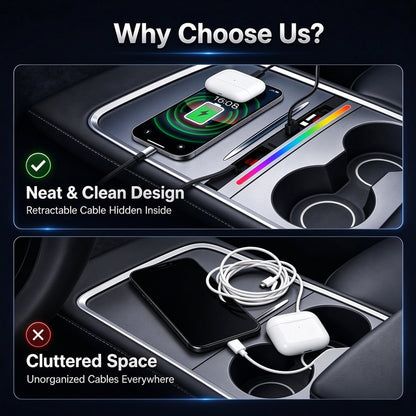4-Port Center Console Charger with Retractable Type C&Lightning Cables and RGB Light