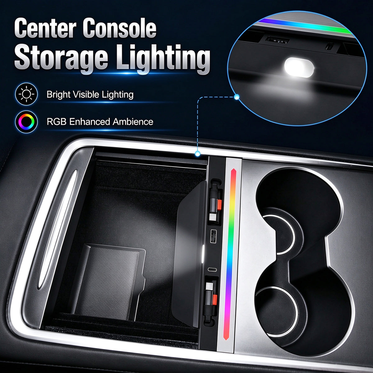 4-Port Center Console Charger with Retractable Type C&Lightning Cables and RGB Light
