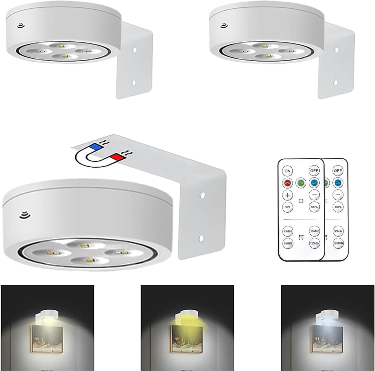 3-Pack Rechargeable Picture Lights for Wall
