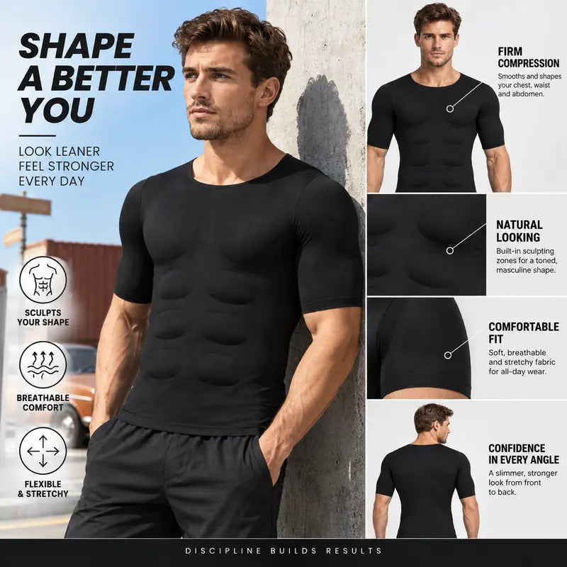 Men's Abs T-Shirt Seamless Muscle Enhancing Top with Removable Pads