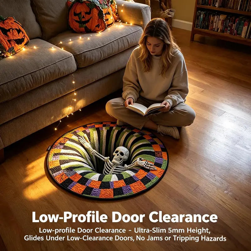 Halloween Round Rug 3D Skeleton Vortex Quilted Illusion Mat