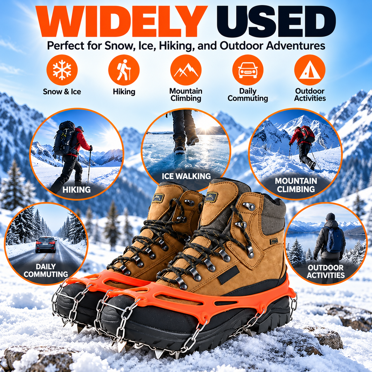 8-Tooth Ice Cleats for Hiking Boots, Winter Traction Crampons with Stainless Steel Chains