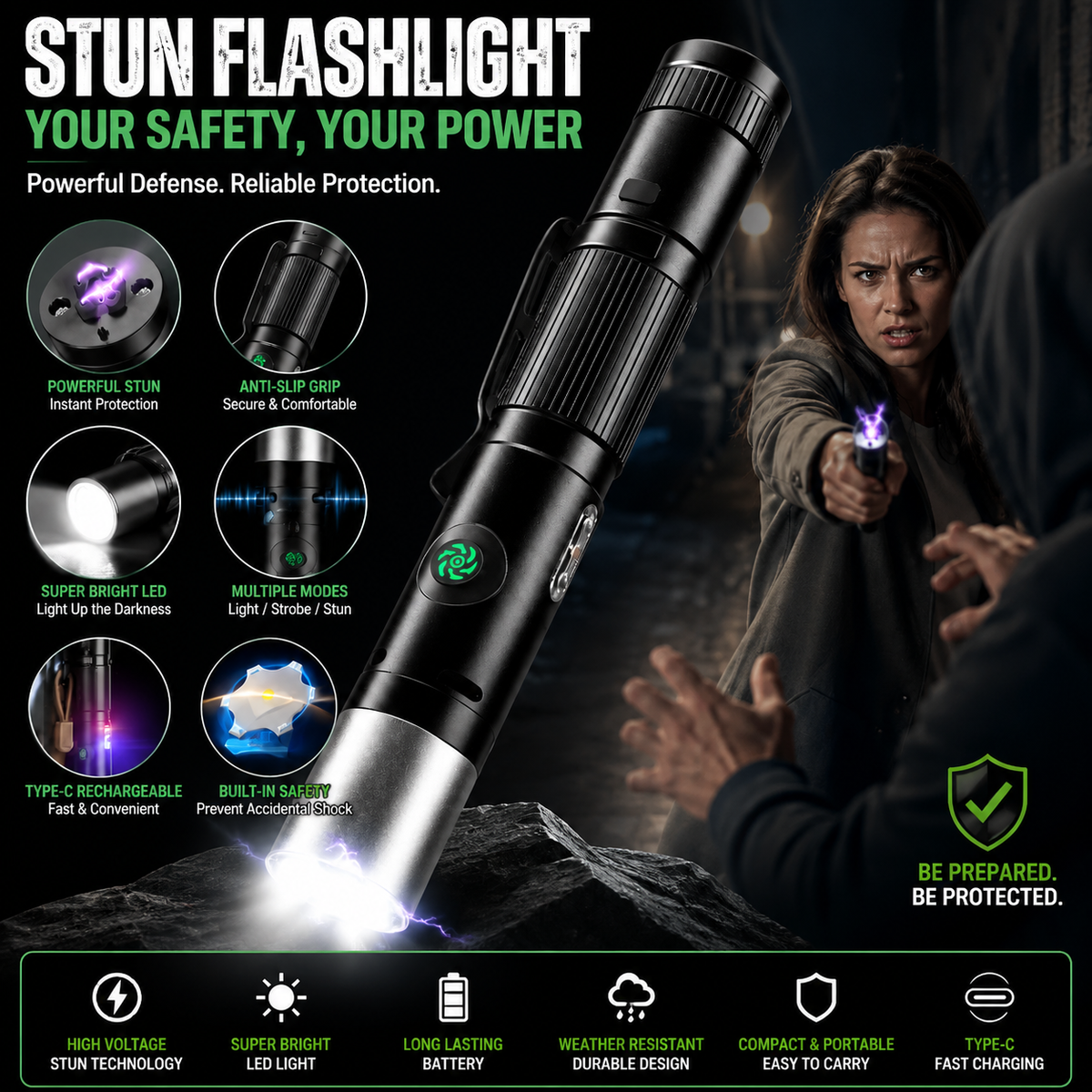 TripleGuard Stun Flashlight – Rechargeable Electric Deterrent Device with High-Intensity LED & Built-In Alarm