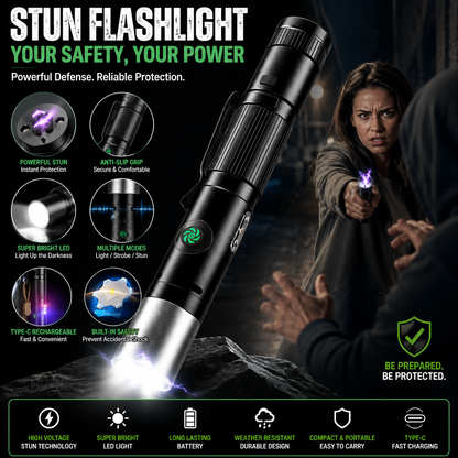 TripleGuard Stun Flashlight – Rechargeable Electric Deterrent Device with High-Intensity LED & Built-In Alarm