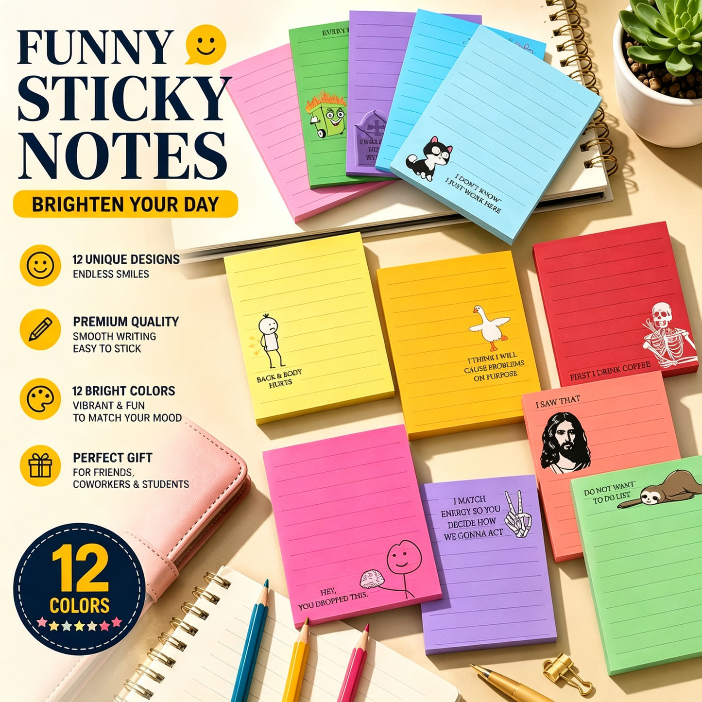 12 Pcs Funny Sticky Notes for Work 4x3 Inches Sarcastic Self Adhesive Notepads
