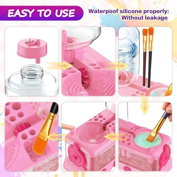 Paint Brush Cleaner with Paint Tray, Water Circulation Brush Rinser with Brush Holder, Watercolor/Oil and Water-Based Paint Brush Cleaner Tool, 400ml Capacity, Train Design, Gift for Artist Beginners