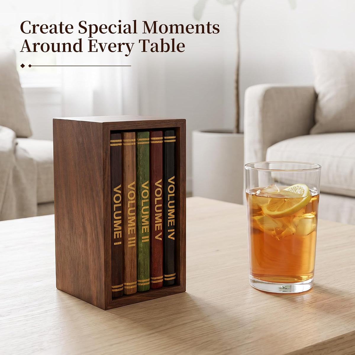 Mini Library Coaster Set - 5 Pack Acacia Wood Drink Coasters with Holder for Coffee Table Decor