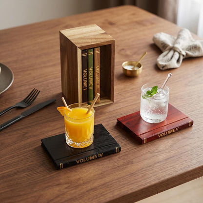 Mini Library Coaster Set - 5 Pack Acacia Wood Drink Coasters with Holder for Coffee Table Decor