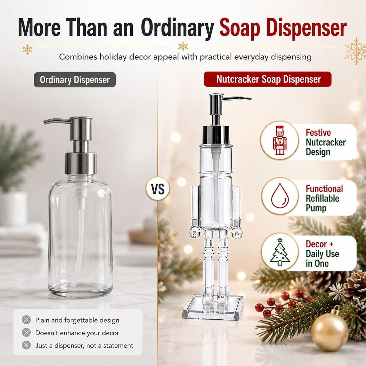 🎄 Nutcracker Soap Dispenser — Festive Holiday Bathroom Decor