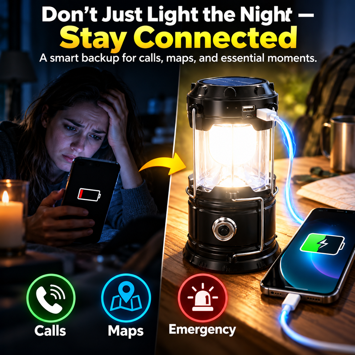 🔋 Solar USB LED Camping Lantern✨ Rechargeable & Waterproof