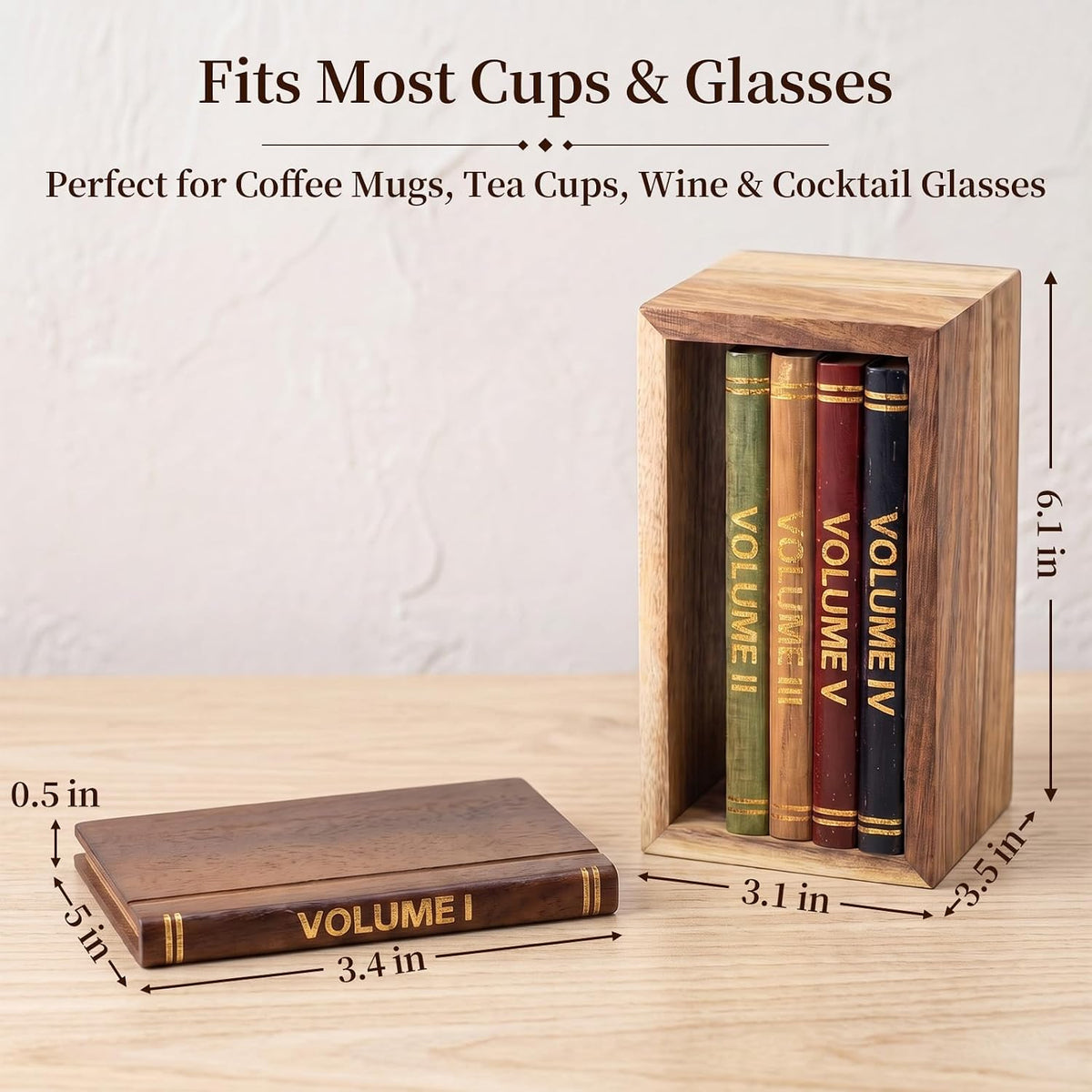 Mini Library Coaster Set - 5 Pack Acacia Wood Drink Coasters with Holder for Coffee Table Decor