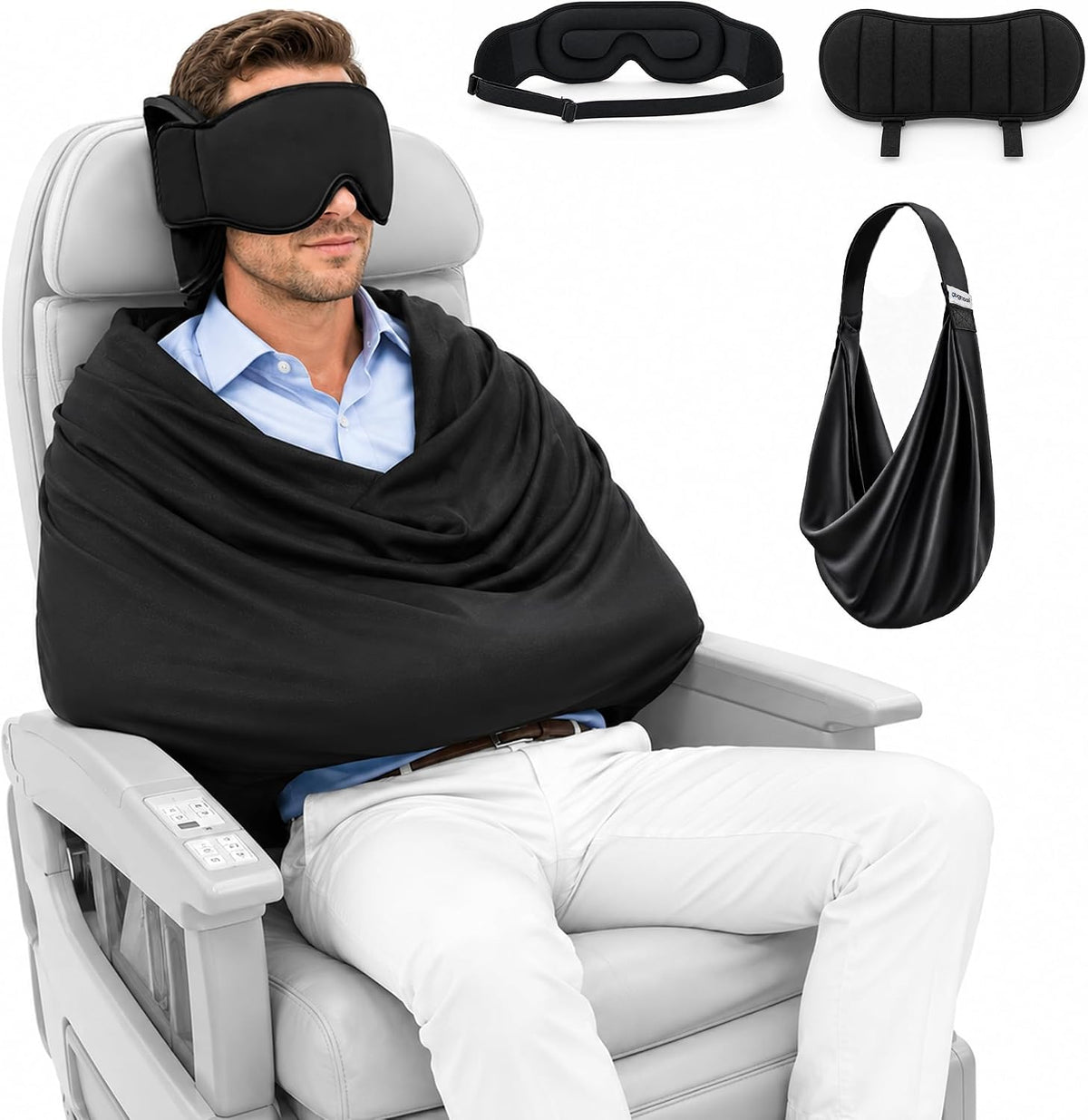 ✈️3‑in‑1 Travel Pillow with Eye Mask, Portable Travel Sleep System 🛌 Head Strap for Head & Neck Stabilization, Stiff Neck Relief for Airplane, Car, Train