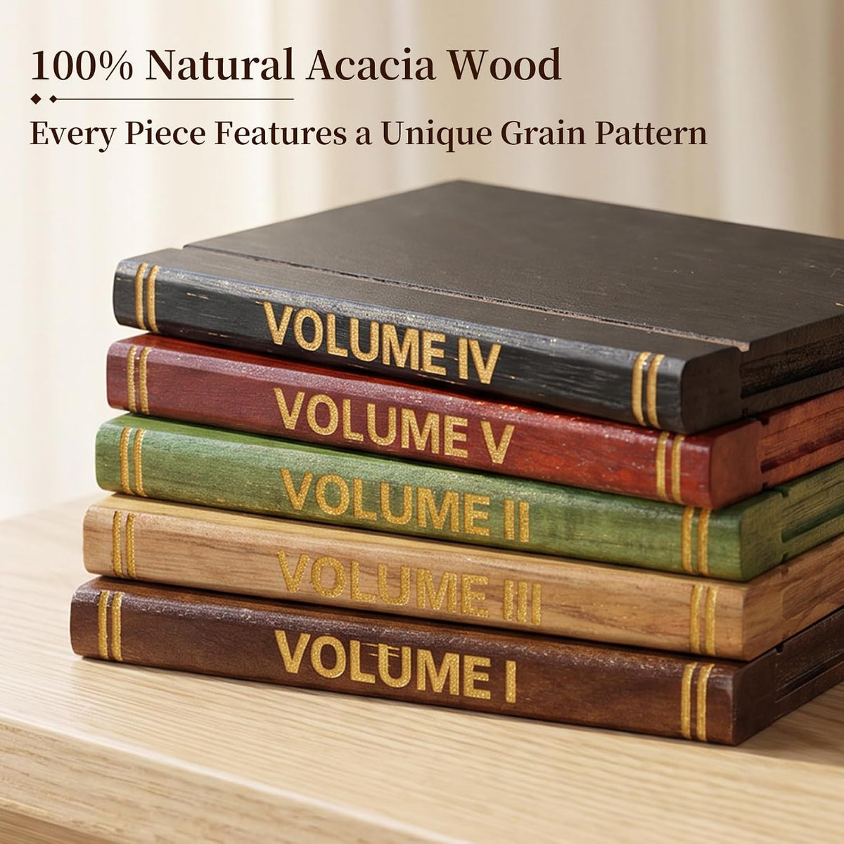 Mini Library Coaster Set - 5 Pack Acacia Wood Drink Coasters with Holder for Coffee Table Decor