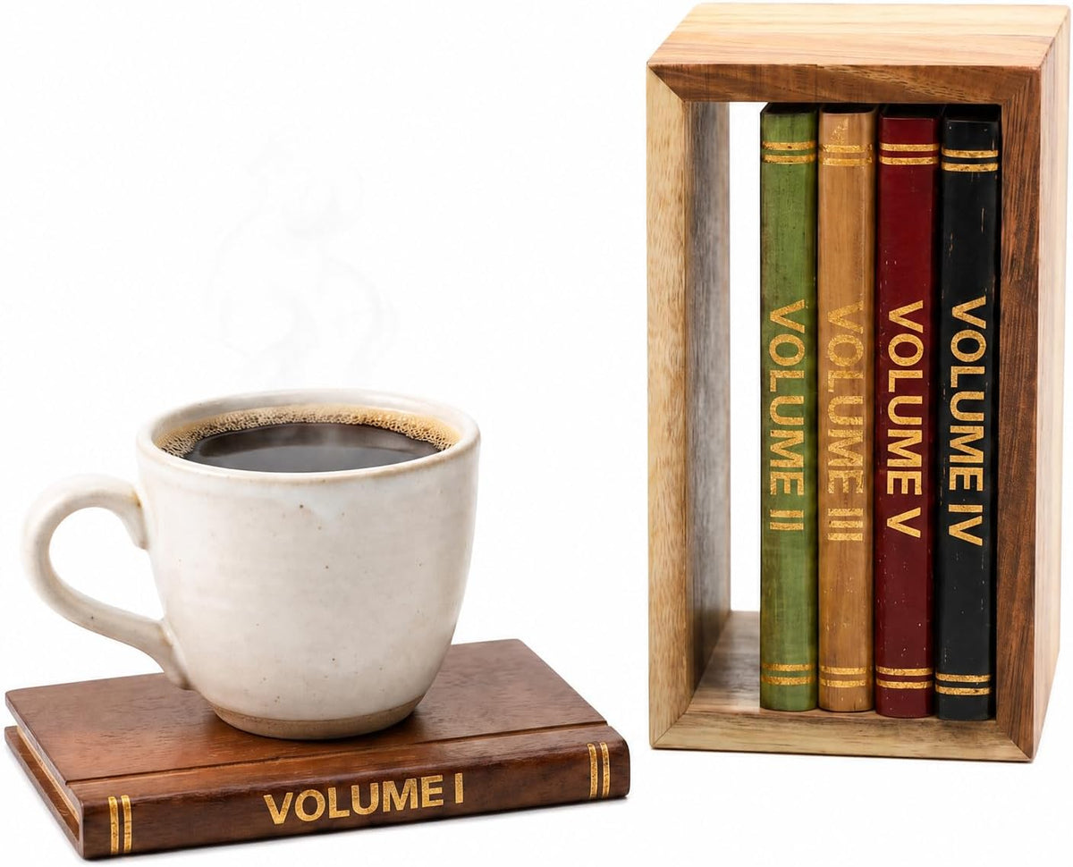 Mini Library Coaster Set - 5 Pack Acacia Wood Drink Coasters with Holder for Coffee Table Decor
