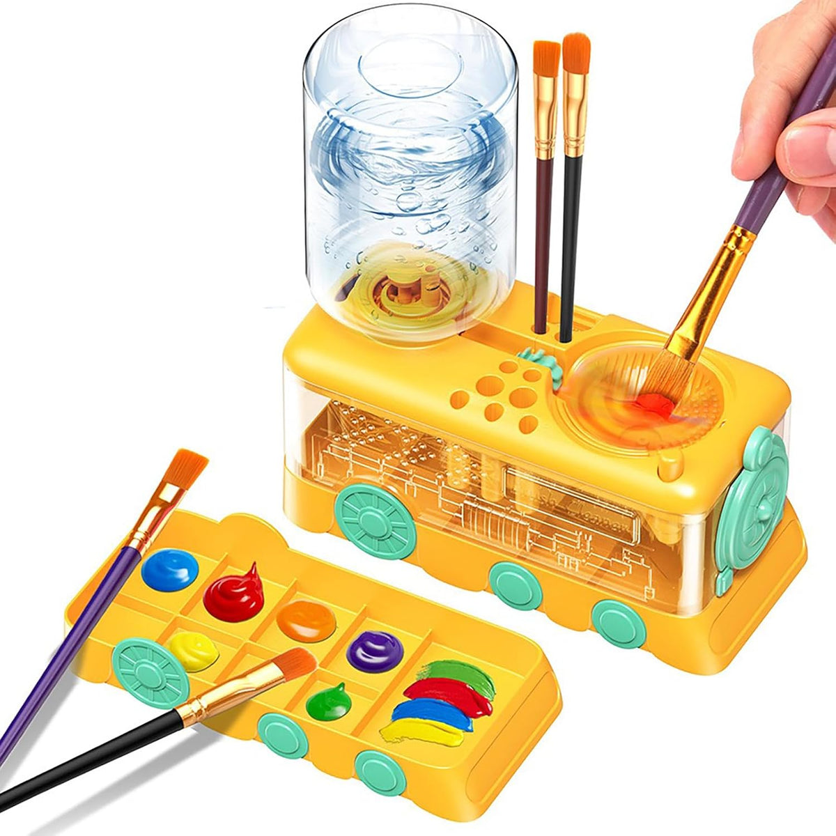 Paint Brush Cleaner with Paint Tray, Water Circulation Brush Rinser with Brush Holder, Watercolor/Oil and Water-Based Paint Brush Cleaner Tool, 400ml Capacity, Train Design, Gift for Artist Beginners