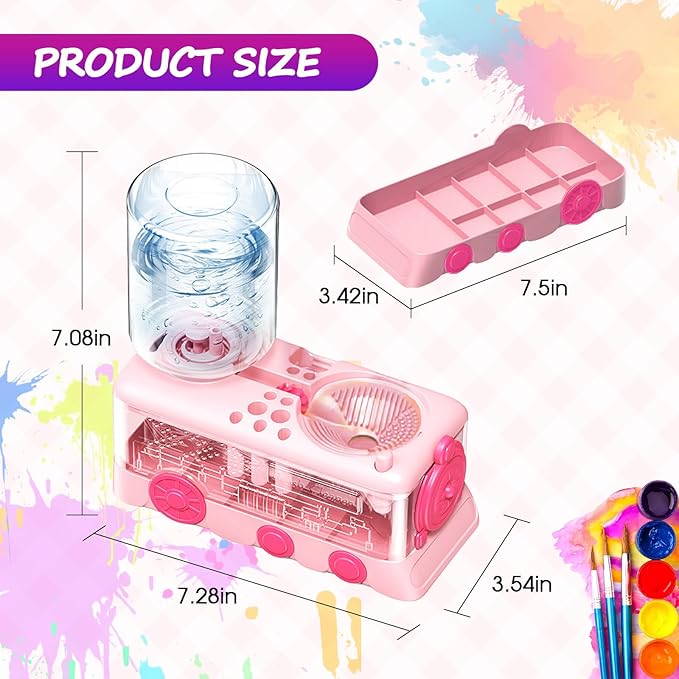 Paint Brush Cleaner with Paint Tray, Water Circulation Brush Rinser with Brush Holder, Watercolor/Oil and Water-Based Paint Brush Cleaner Tool, 400ml Capacity, Train Design, Gift for Artist Beginners