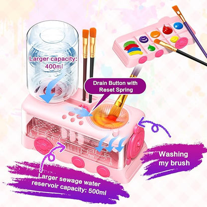 Paint Brush Cleaner with Paint Tray, Water Circulation Brush Rinser with Brush Holder, Watercolor/Oil and Water-Based Paint Brush Cleaner Tool, 400ml Capacity, Train Design, Gift for Artist Beginners