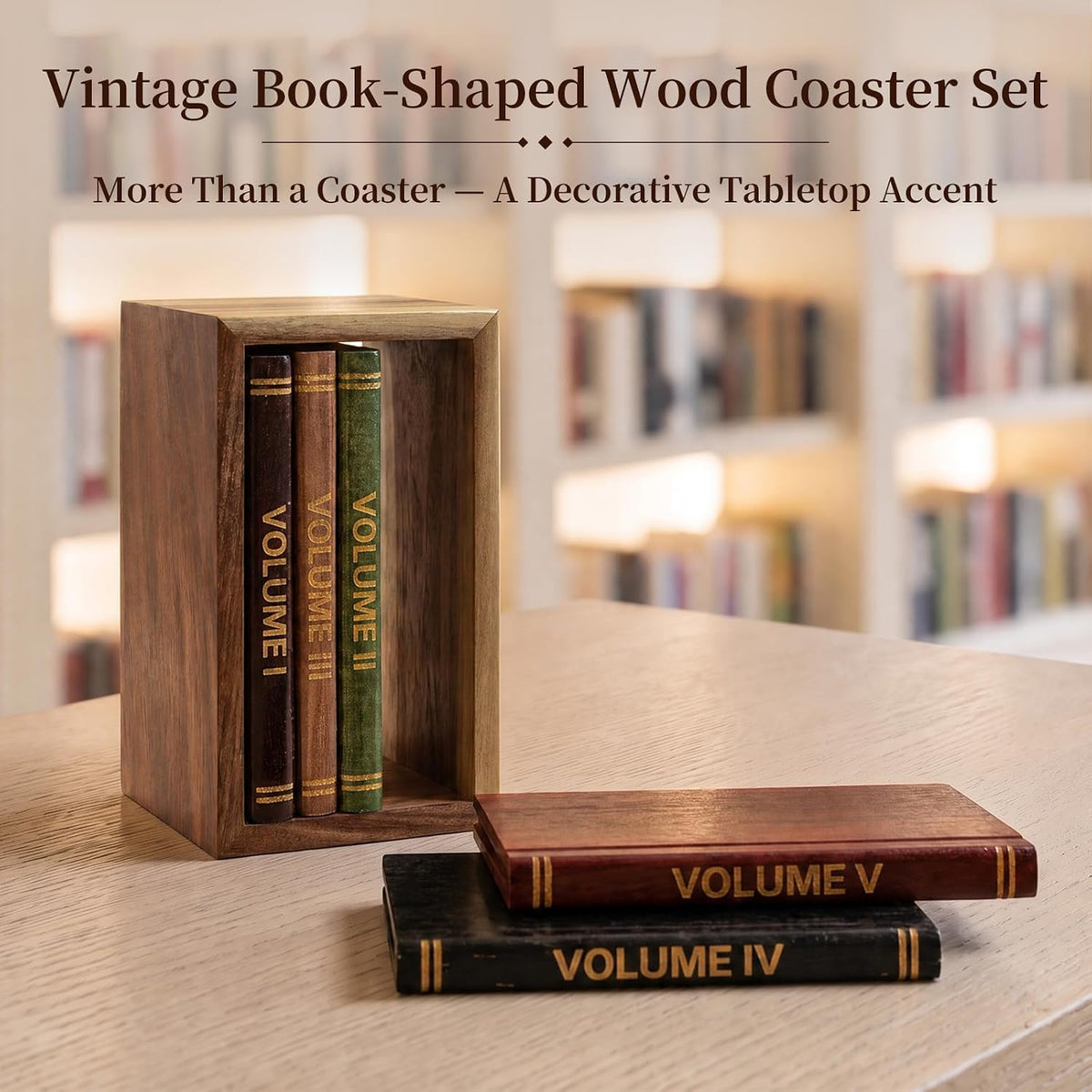 Mini Library Coaster Set - 5 Pack Acacia Wood Drink Coasters with Holder for Coffee Table Decor