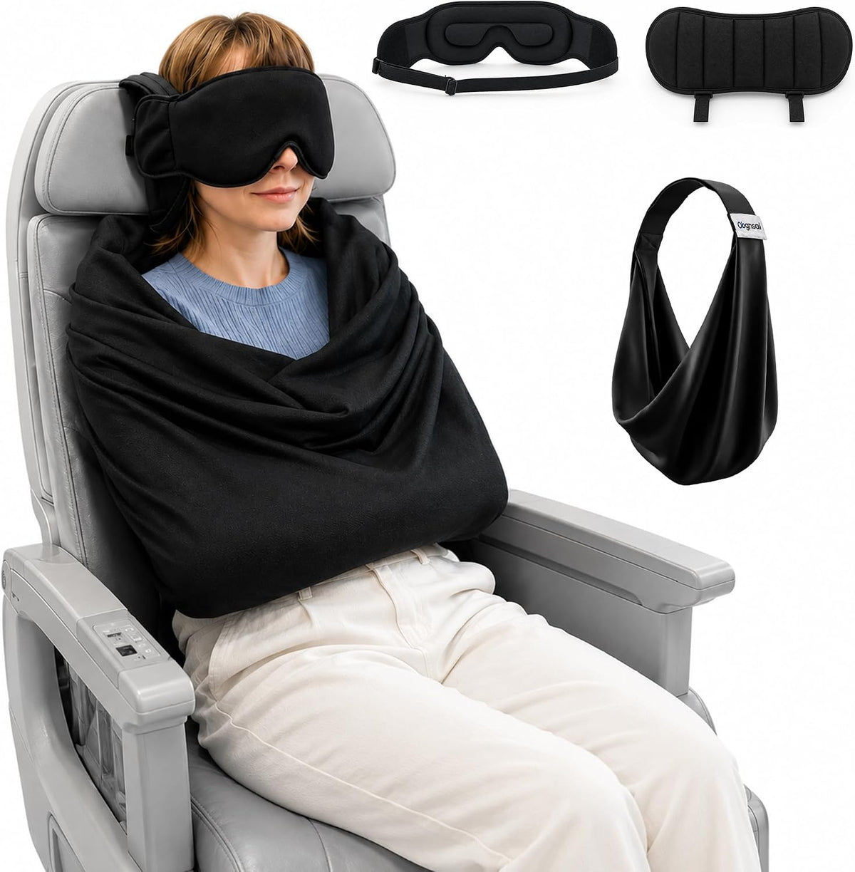 ✈️3‑in‑1 Travel Pillow with Eye Mask, Portable Travel Sleep System 🛌 Head Strap for Head & Neck Stabilization, Stiff Neck Relief for Airplane, Car, Train