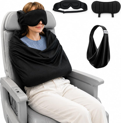 ✈️3‑in‑1 Travel Pillow with Eye Mask, Portable Travel Sleep System 🛌 Head Strap for Head & Neck Stabilization, Stiff Neck Relief for Airplane, Car, Train
