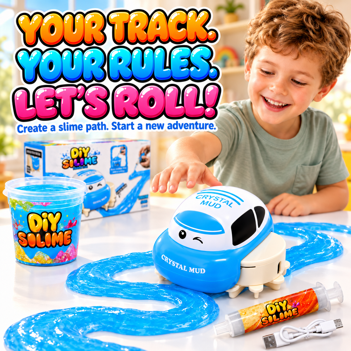 Slime Race Track Kit with USB-C Rechargeable Toy Car, Slime for Kid
