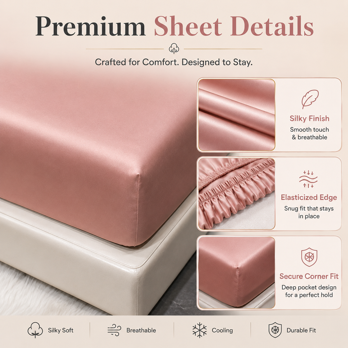 Classic Wrinkle-Resistant Solid Color Satin Bed Set - Luxury Silky Fitted Sheet, Flat Sheet