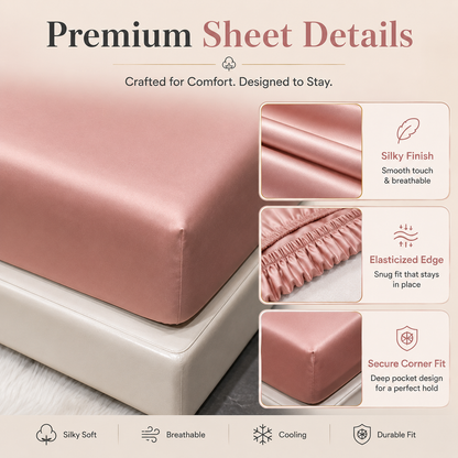 Classic Wrinkle-Resistant Solid Color Satin Bed Set - Luxury Silky Fitted Sheet, Flat Sheet