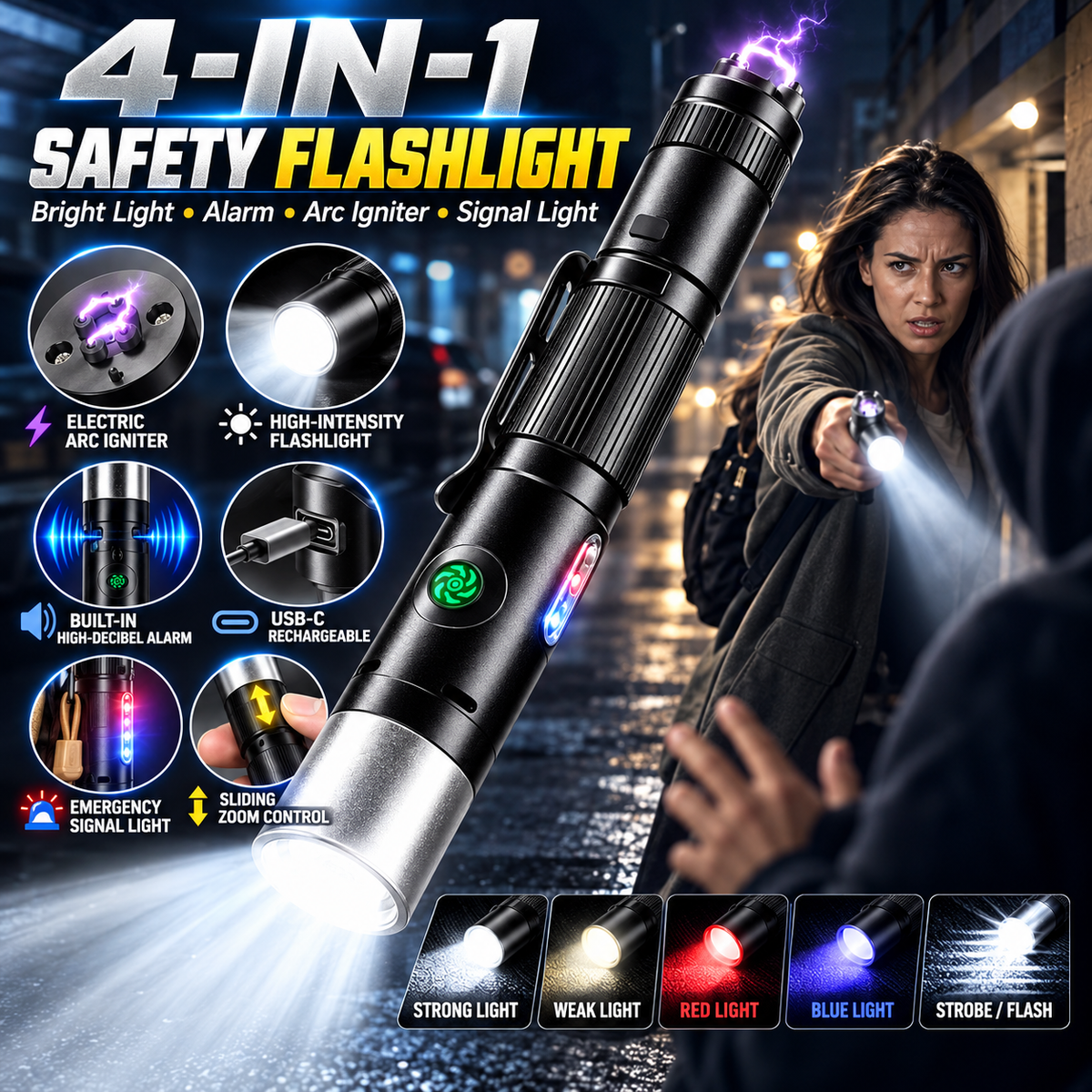 Multi‑Functional Portable Self Defense Flashlight – Rechargeable Electric Deterrent Device with High-Intensity LED & Built-In Alarm