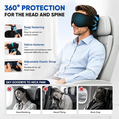 ✈️3‑in‑1 Travel Pillow with Eye Mask, Portable Travel Sleep System 🛌 Head Strap for Head & Neck Stabilization, Stiff Neck Relief for Airplane, Car, Train