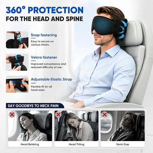 ✈️3‑in‑1 Travel Pillow with Eye Mask, Portable Travel Sleep System 🛌 Head Strap for Head & Neck Stabilization, Stiff Neck Relief for Airplane, Car, Train